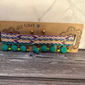 NWT Wild Flower choker woven necklace with hanging beads and gold earrings boho